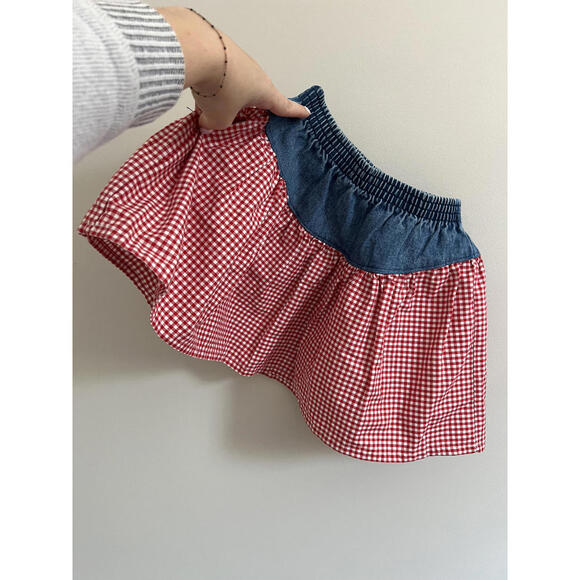 Vintage 90s Buster Brown Red Ladybug Denim/Gingham Skirt, USA Made, 100% Cotton - Picture 3 of 8